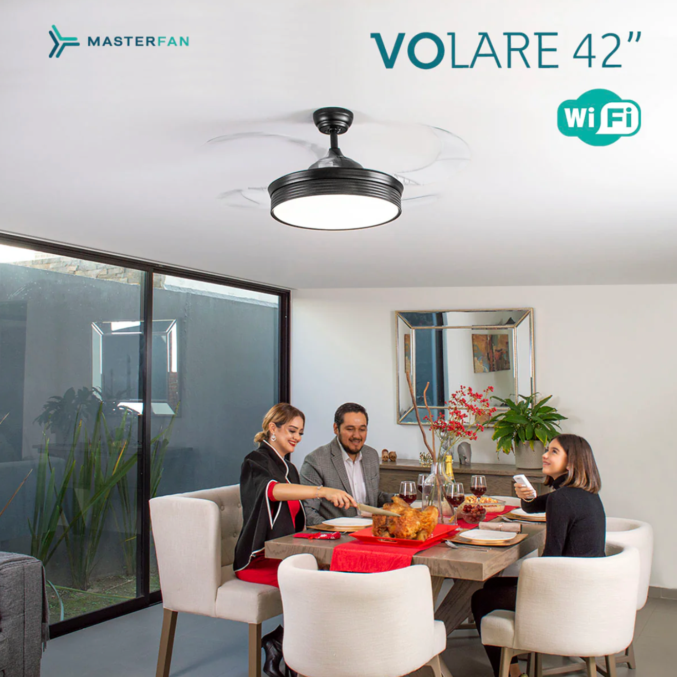 MASTERFAN| Ventilador Volare 42" Negro, 4 aspas transparentes, Wi-Fi, Luz LED