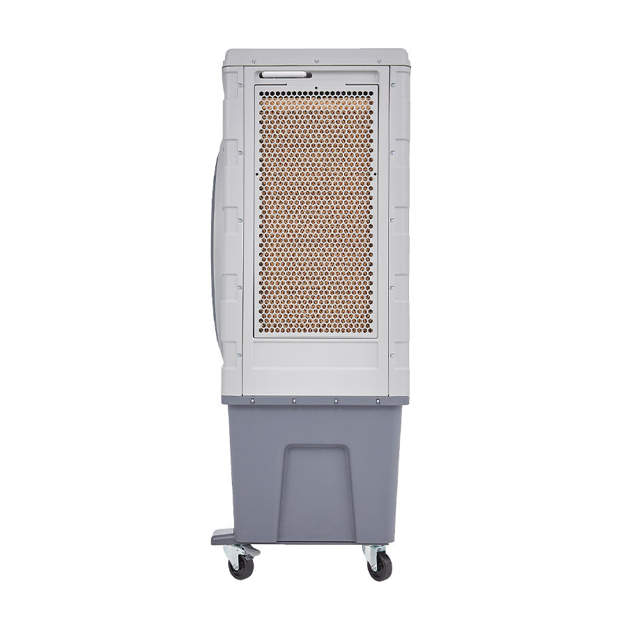 Vista lateral del enfriador evaporativo MYTEK 3400 mostrando ruedas giratorias y frenos — portátil hasta 99 m²